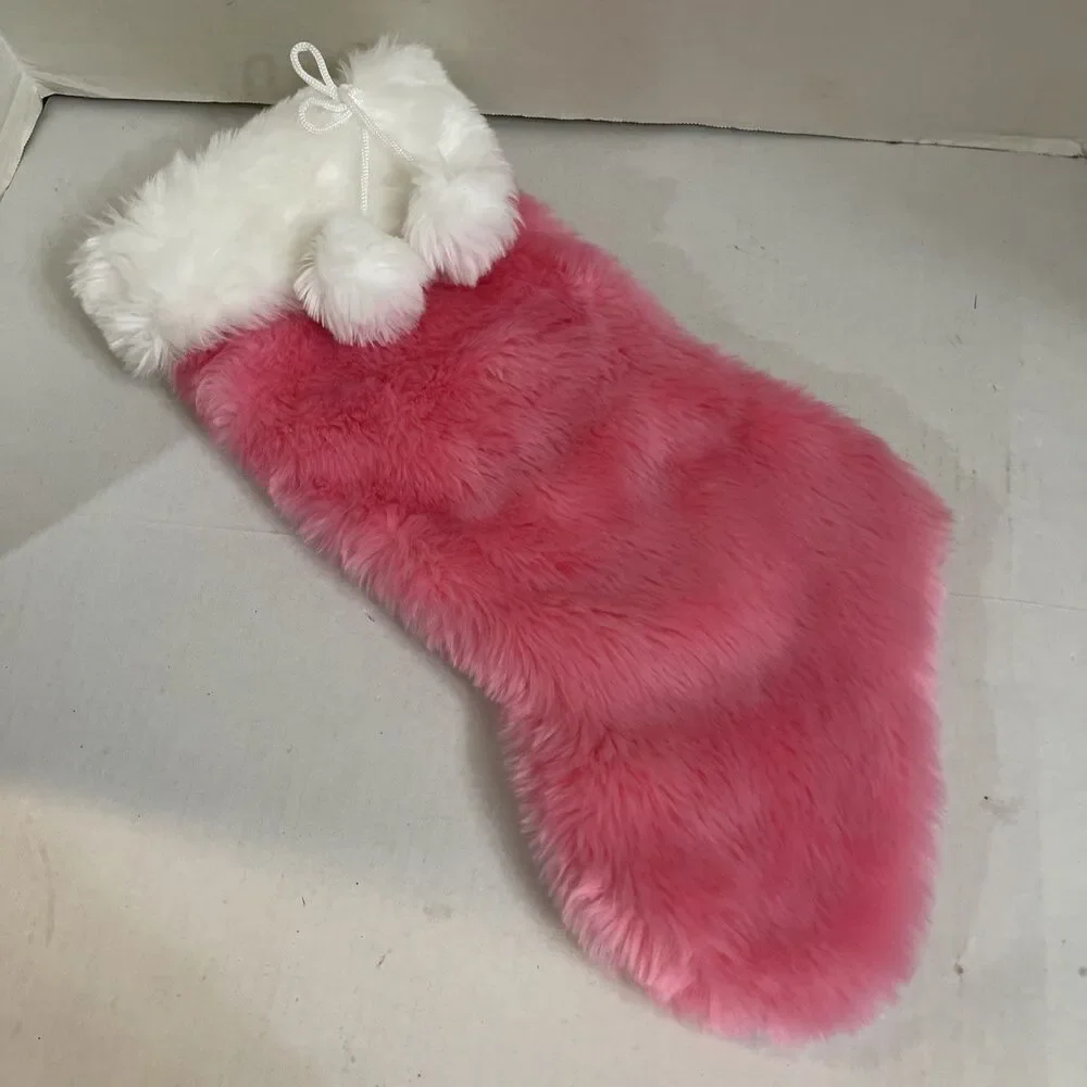 Lerrio & Bifeen Pink Faux Fur Christmas Stocking Pom Poms 20” Fuzzy